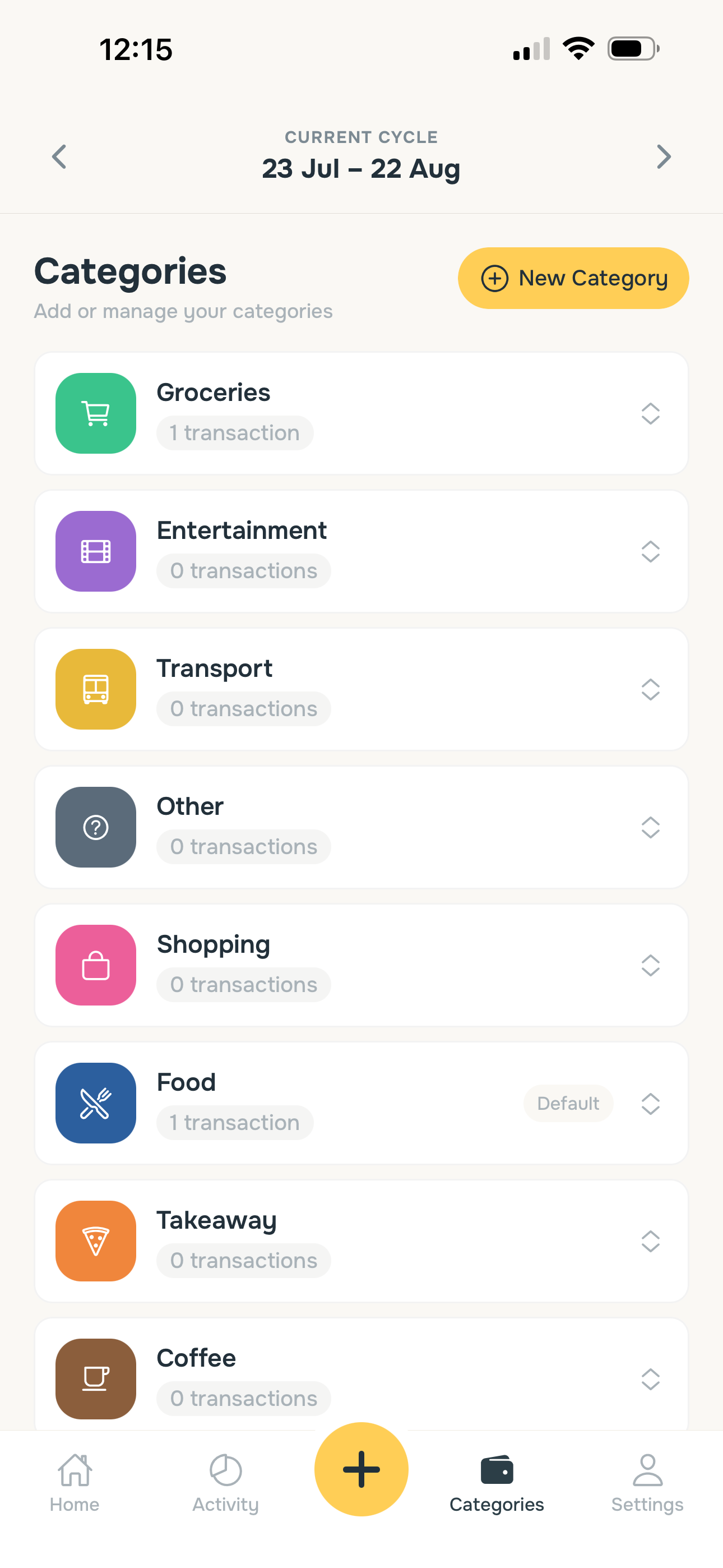 Categories screen listing custom spending categories with icons and transaction counts.